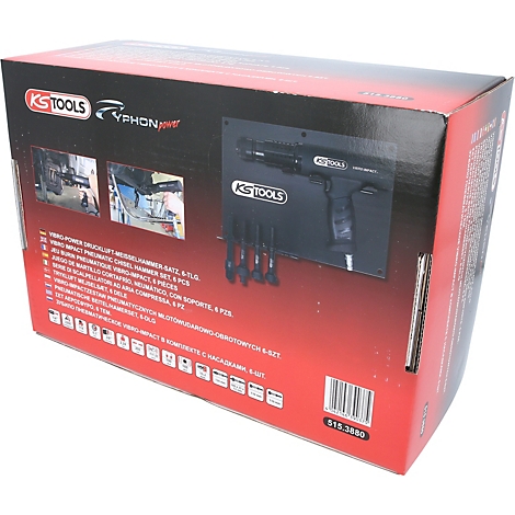 Produktbox der Marke KS Tools mit einem pneumatischen Schlaghammer und Zubehör. Aufdrucke zeigen Produktmerkmale.